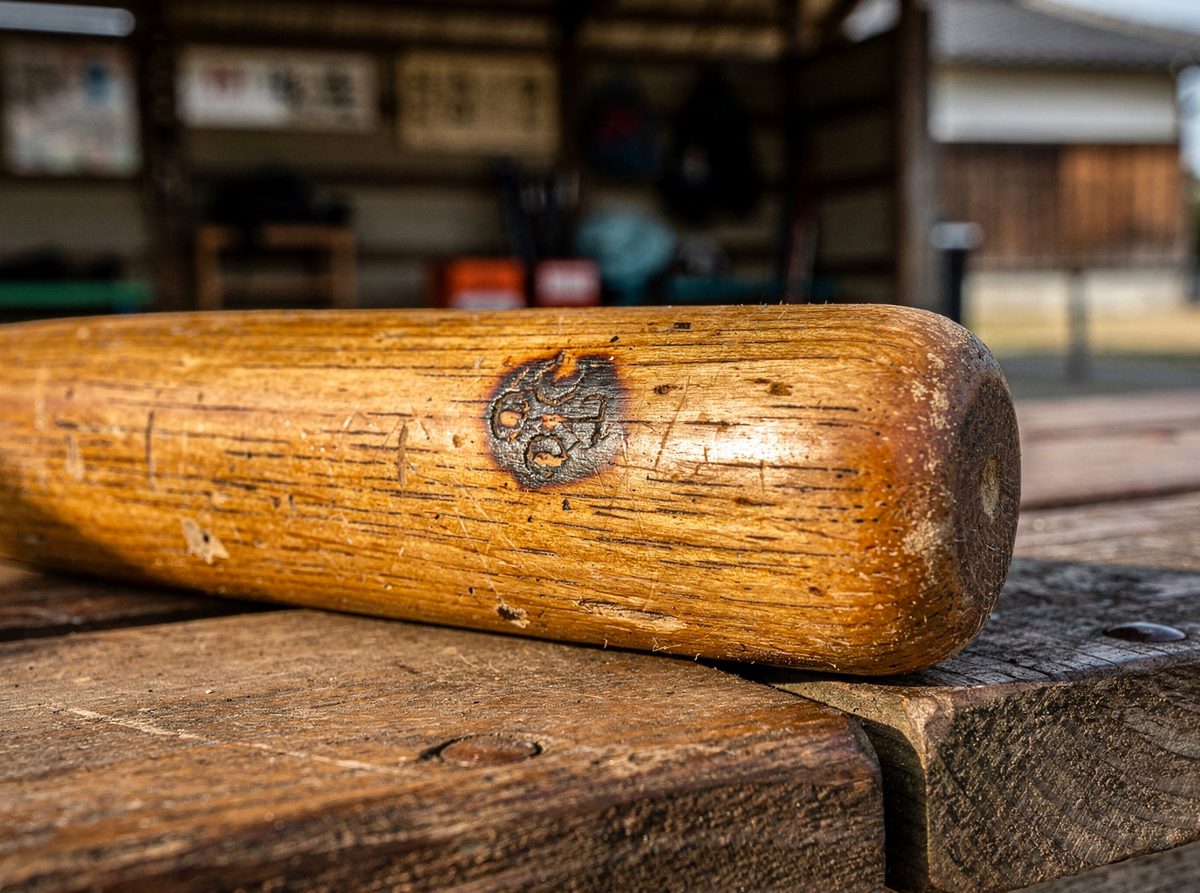 バットのグリップ部に刻まれた木目と焼き印のクローズアップ